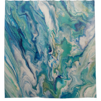 青、水色、黄色のモダン抽象芸術 シャワーカーテン