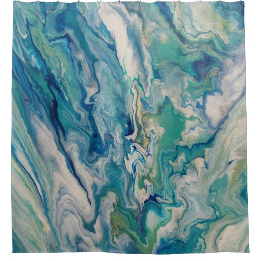 青、水色、黄色のモダン抽象芸術 シャワーカーテン (正面)