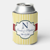 青、濃い赤、黄ストライプ色結婚の 缶クーラー (缶裏面)