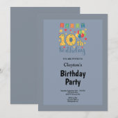 青/灰框10歳誕生日パーティー 招待状 (正面/裏面)