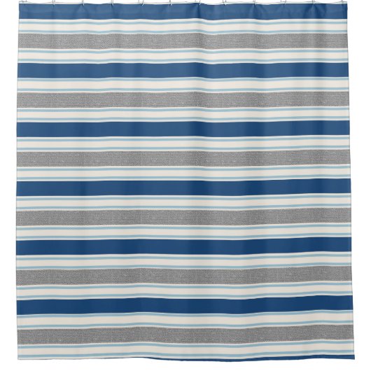 青、灰色および白いストライプの シャワーカーテン (正面)