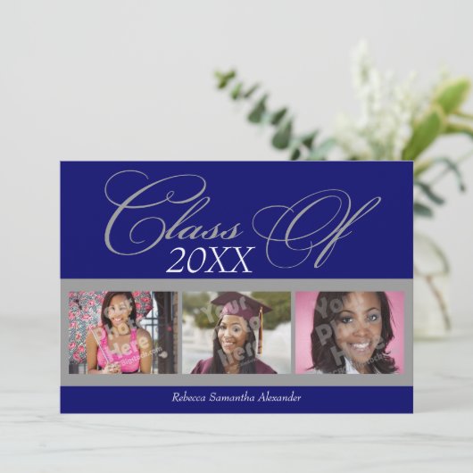 青/灰色の渦巻き3写真の卒業発表 招待状 (スタンド正面)