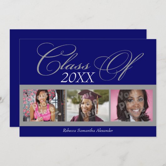 青/灰色の渦巻き3写真の卒業発表 招待状 (正面/裏面)