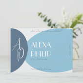 青、灰色、濃い青のエレガントモダンな結婚式 招待状 (スタンド正面)