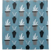 青、灰色、白のポットに美しい植物 シャワーカーテン (正面)