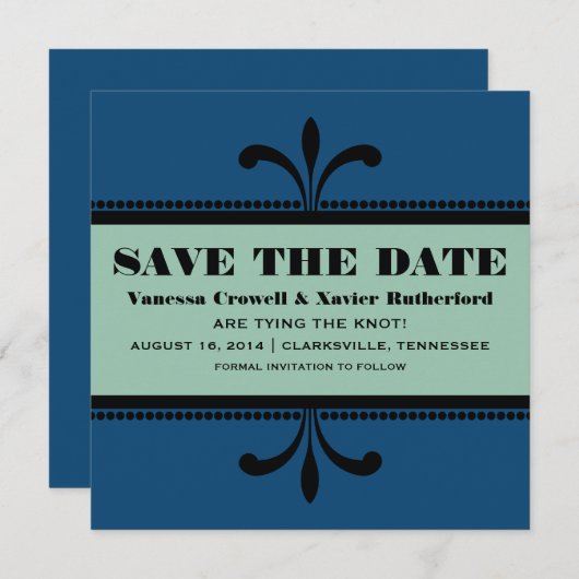 青/玉アールデコファンシー日付招待状の保存 セーブザデート (正面/裏面)