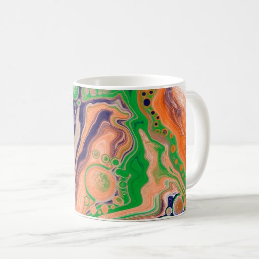 青、珊瑚、緑の注絵画流アート コーヒーマグカップ (正面右)