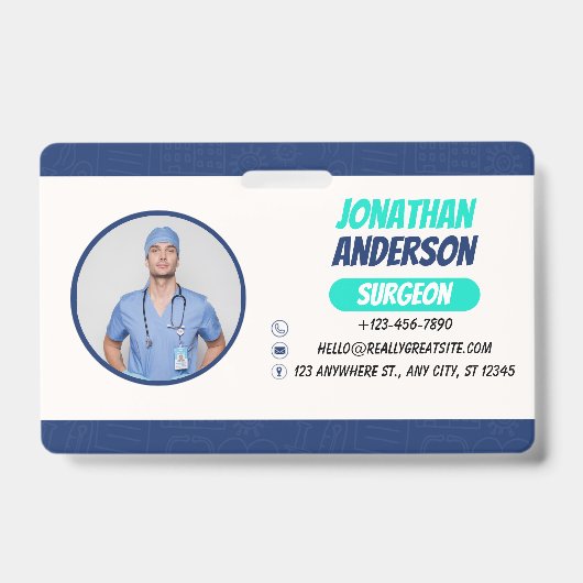 青 | 病院 医療従事者 写真付きIDバッジ バッジ (正面)