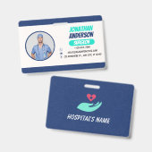 青 | 病院 医療従事者 写真付きIDバッジ バッジ (正面＆裏面)