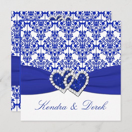 青、白いダマスク織のカップルのシャワーの招待状 招待状 (正面/裏面)