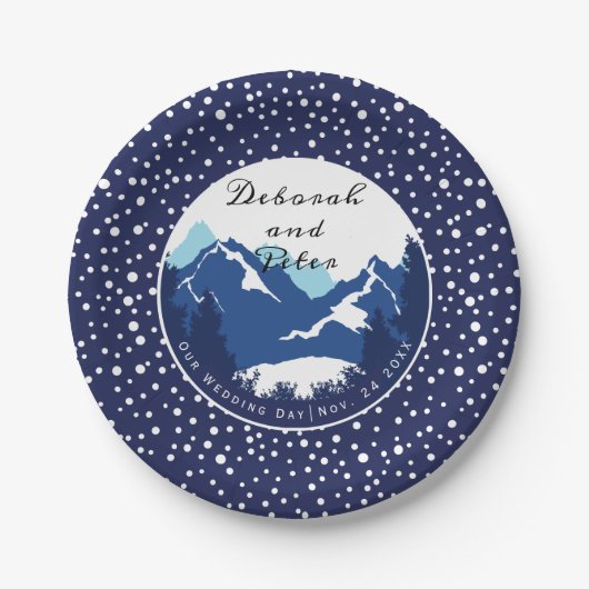 青、白い山と針葉樹結婚の木 ペーパープレート (正面)