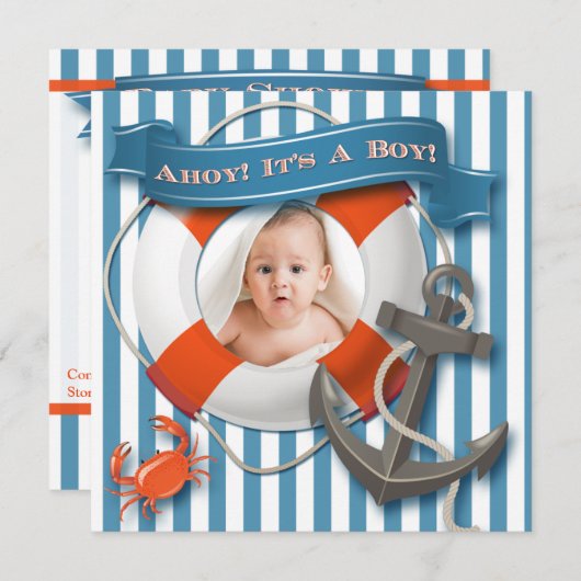 青、白く航海のな写真のベビーシャワーの招待状 招待状 (正面/裏面)