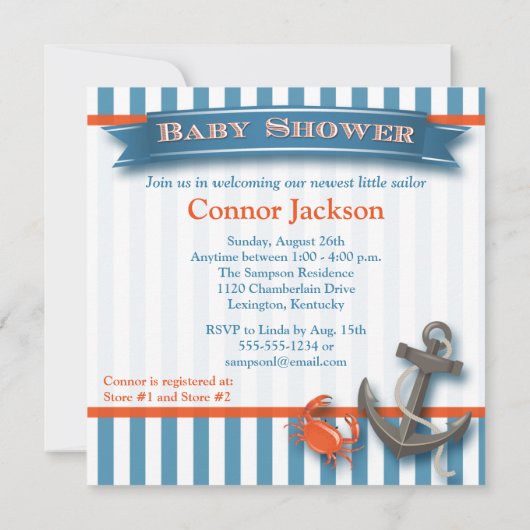 青、白く航海のな写真のベビーシャワーの招待状 招待状 (裏面)