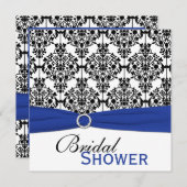 青、白く、および黒いダマスク織のブライダルシャワーの招待 招待状 (正面/裏面)