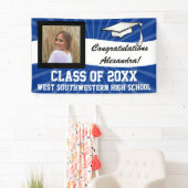 青/白のカスタム写真卒業サイン 横断幕