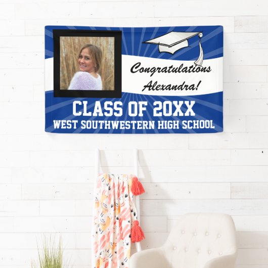 青/白のカスタム写真卒業サイン 横断幕