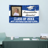 青/白のカスタム写真卒業サイン 横断幕