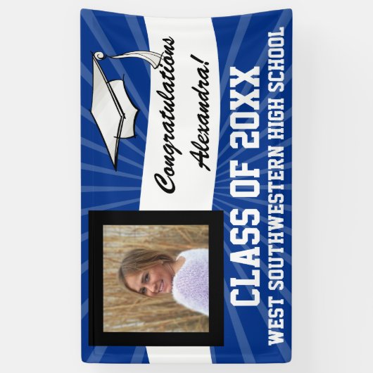 青/白のカスタム写真卒業サイン 横断幕 (縦)