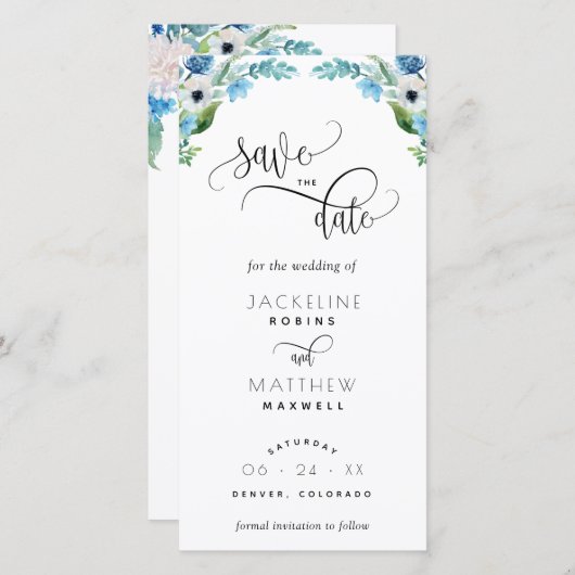 青、白のフローラ結婚式の日付ブックマークを保存 (正面/裏面)