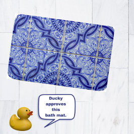 青+白の地中海のアズレジョ瓦の模様 バスマット