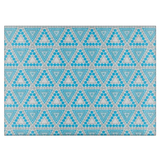 青+白の幾何学模様ガラスの切断板 カッティングボード (正面)