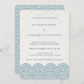 青+白の様式化された波のエレガントビーチ結婚式 招待状 (正面/裏面)