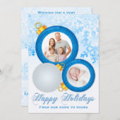 青、白オーナメントハッピーホリデー写真カード シーズンカード (正面/裏面)