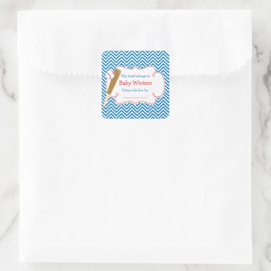 青/白シェブロン野球赤ちゃんシャワー蔵書票 スクエアシール (バッグ)