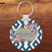 青/白ジオメトリデザインフローラキーチェーン キーホルダー (正面)