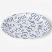 青/白100th誕生日パーティー番号パターン ペーパープレート (アングル)