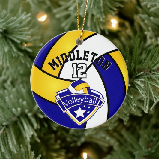 青、白、および黄色のスポーツのロゴバレーボール セラミックオーナメント (ツリー)
