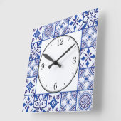 青、白、および黒のモロッコパターン スクエア壁時計 (傾斜)