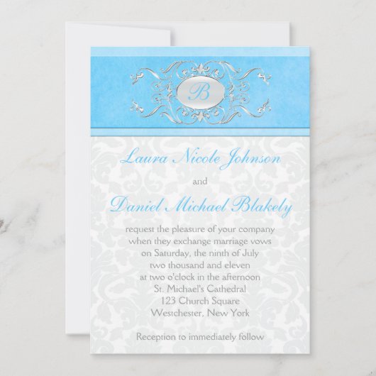 青、白、グレーのダマスクモノグラムの 招待状 (正面)