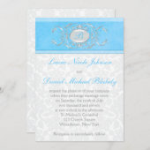 青、白、グレーのダマスクモノグラムの 招待状 (正面/裏面)