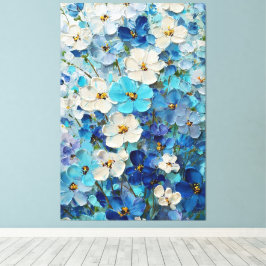 青、白、ターコイズの花のアブストラクト壁画 キャンバスプリント