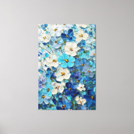 青、白、ターコイズの花のアブストラクト壁画 キャンバスプリント