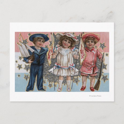 青、白、ピンクの子供 ポストカード (正面)