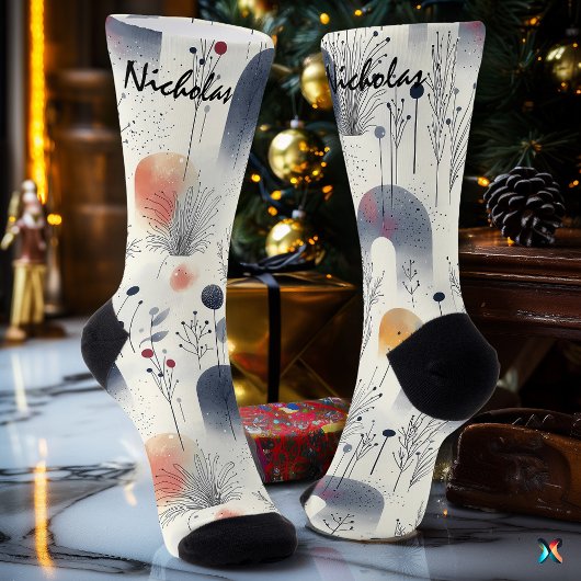 青、白、桃の冬草木靴下 ソックス