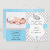 青、白、灰色の象🐘ベビー写真 案内状 (正面/裏面)