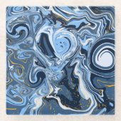 青、白、金ゴールドの渦巻き流体アート ガラスコースター (正面)
