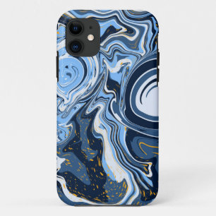 青、白、金ゴールドの渦巻き流体アート iPhone 11 ケース