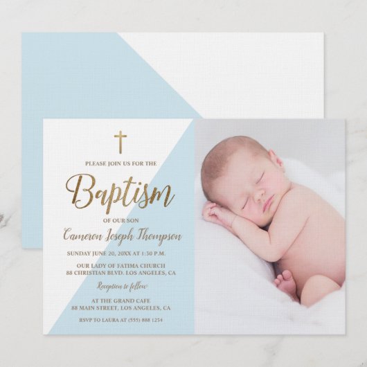 青 白 金色 洗礼 赤ちゃん 男の子 写真 招待状 (正面/裏面)