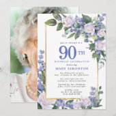 青 白 金 花写真 90歳 誕生日 招待状 (正面/裏面)