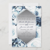 青 白 銀 冬のウェディング ヴィンテージ ローズ 招待状 (正面)