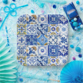 青、白、黄のフローラパター地中海のン ペーパープレート (パーティー)