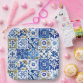 青、白、黄のフローラパター地中海のン ペーパープレート (パーティー)