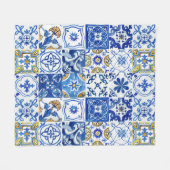 青、白、黄の花地中海の柄 フリースブランケット (正面(横))