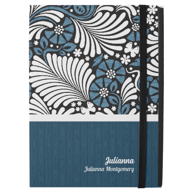 青、白、黒のシダの葉 iPad PRO 12.9" ケース (正面クローズ)