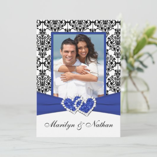 青、白、黒のダマスクの写真結婚式招待状 招待状 (スタンド正面)