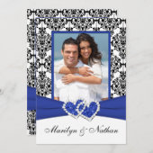 青、白、黒のダマスクの写真結婚式招待状 招待状 (正面/裏面)